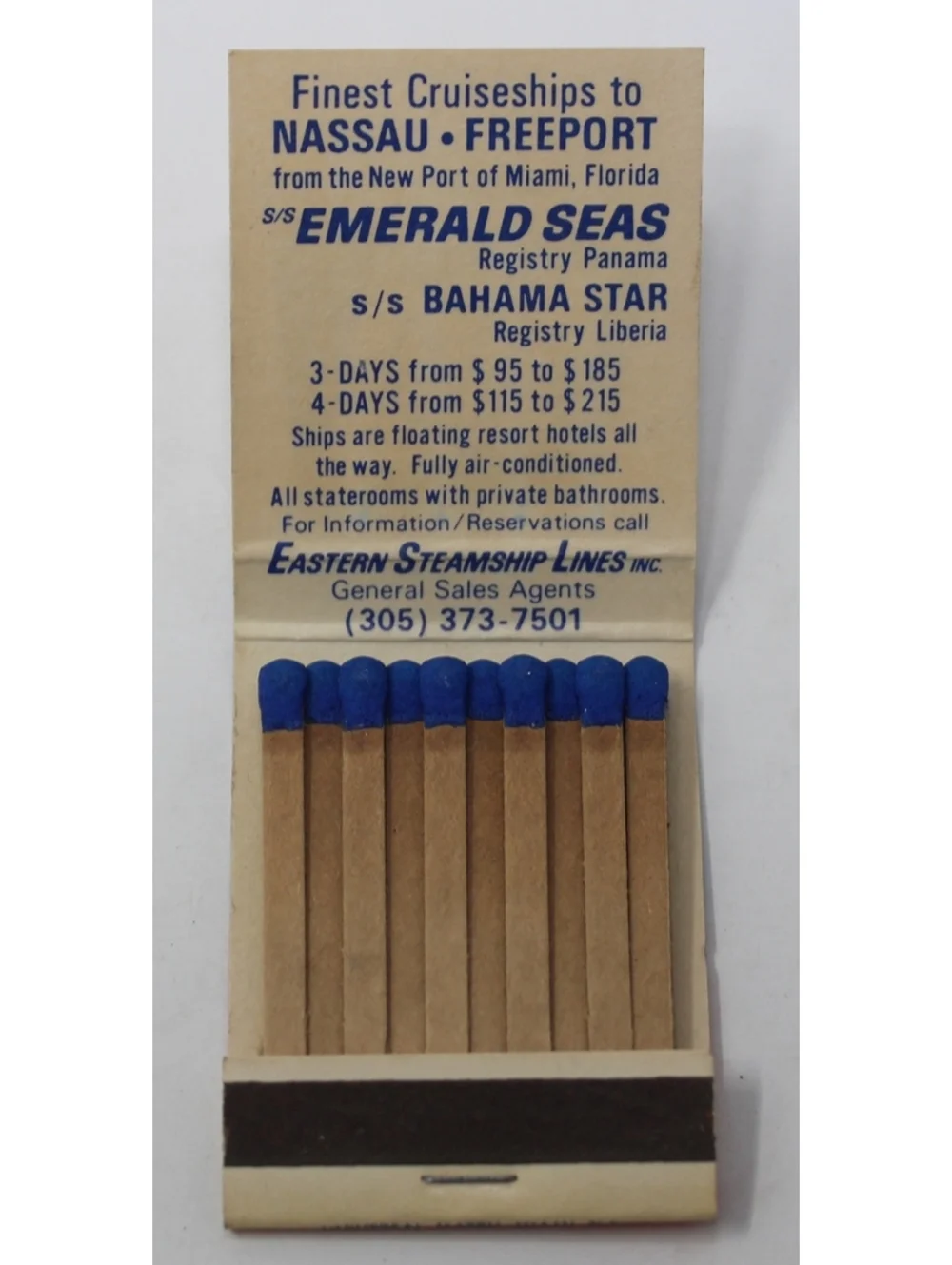 Vintage 1970s Matchbook S/S Emerald Seas S/S Bahama Star Eastern Steamship Lines